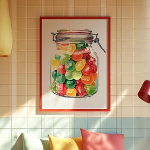 Jelly Bean Jar Watercolor Print | Cute Retro Candy Diner Shop Poster | Digital Download