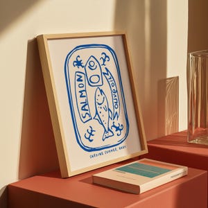 Blue Outline Painting Sardine Girl Summer Tin | Food Trendy Art Eclectic Coastal Italian Kitchen Decor | Digital Download