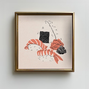 Minimalistische orange und schwarze Sushi Onigiri druckbare Kunst | Ästhetische Küche Dekor Japanisches Essen | Digitaler Download