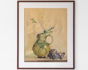 1919 Swedish Watercolor Still Life - Antique Floral Painting - Green Pottery and Grapes - Original Art