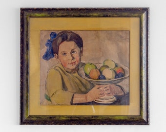 19th Century - Antique Watercolor Painting - Portrait of Young Girl w Still life of Fruit - Framed Behind Glass | 1800s Original Artwork