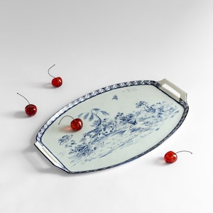 Large Antique Swedish Chinoiserie Blue White Faience Tray, Signed and Dated, Early 1900s