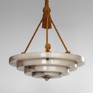 Large Art Deco Alabaster Pendant Light with Black White Marbled Veining - Swedish Vintage 1920s/1930s Chandelier - Geometric Stepped Design