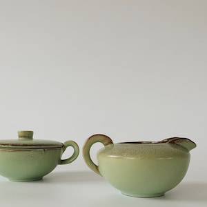 Vintage Art Deco Celadon Green Ceramic Cream Jug & Bowl | Swedish, Scandinavian Pottery, 1930s