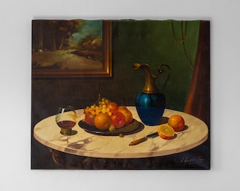 Vintage Oil Painting Still Life | Italian Artist Salvatore Langella, Signed | Mid Century Modern Still LIfe Painting in Kitchen setting