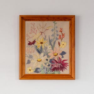 Vintage Swedish Floral Embroidery - Mid Century Pine Framed Needlework - 1960s Scandinavian Botanical Wall Art - Hand Stitched