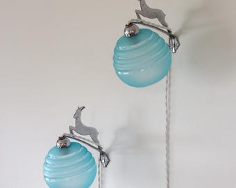 French Art Deco Wall Sconces - 1930s Jumping Deers in Chrome with Blue Glass Globe Lamps - Vintage Ribbed Light Fixtures