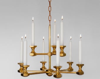 Large Scandinavian Postmodern Brass Candle Chandelier by Gusum, Sweden, 1980s - Gold Colored Ceiling Mounted Candle Holder