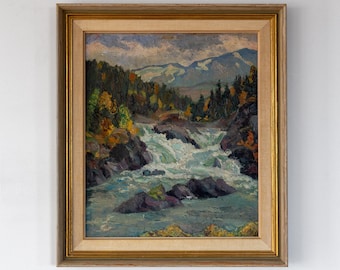 Vintage Swedish Landscape Oil Painting | Mountain River Rapids | Original Nordic Art by Gunnar Modin | Scandinavian Impressionism Painting