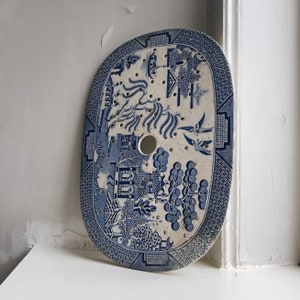 Antique Willow Pattern Meat Drainer - 1850s Blue and White English Pottery - Victorian Transferware Strainer - Rare Kitchen Collectible