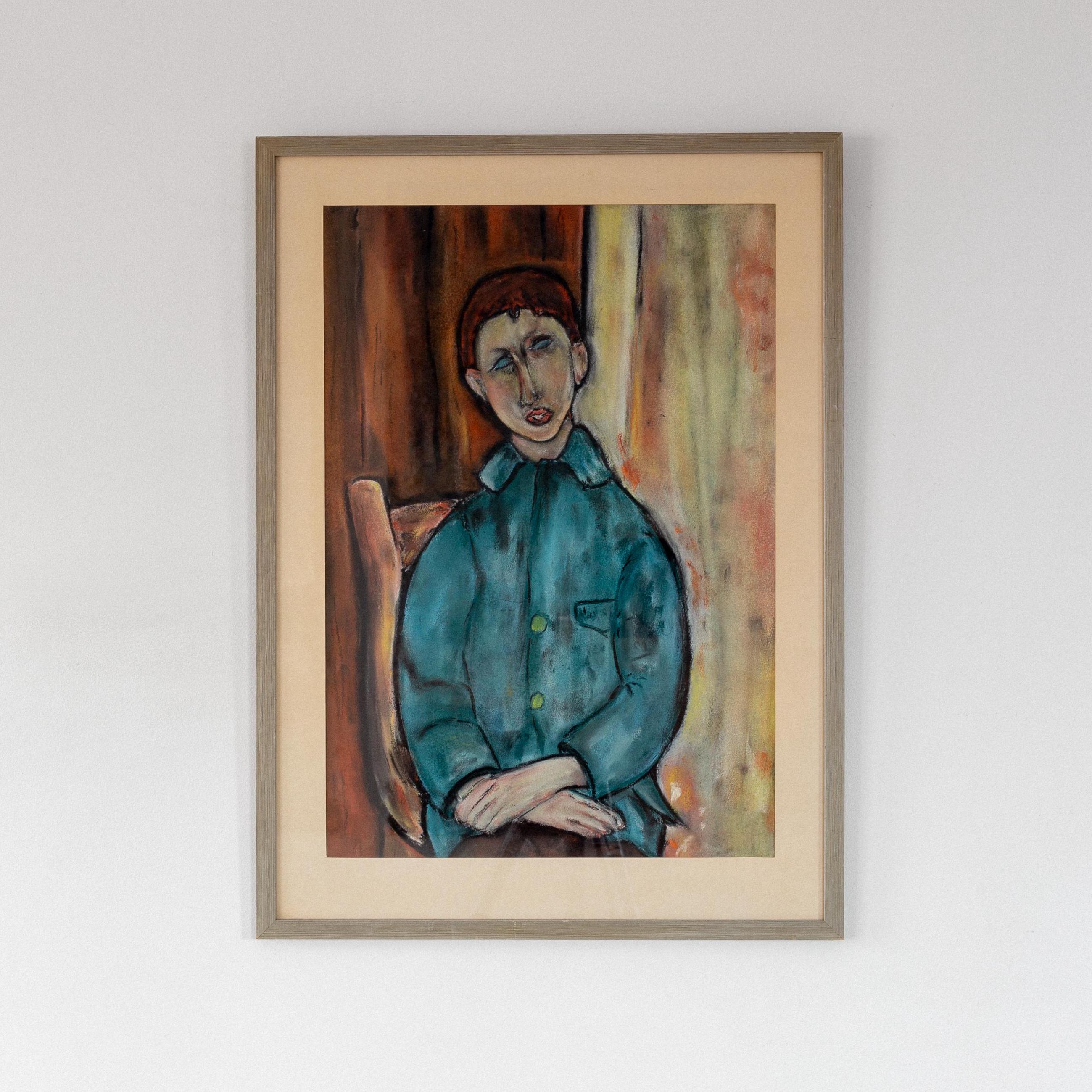 Vintage Swedish Modernist Portrait - Mid Century Pastel Chalk Drawing - 1960s/70s Blue Figure Art - Original Framed Artwork