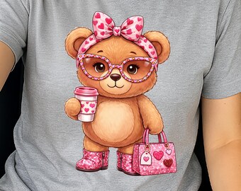 Coffee Bear PNG, Cute Girly Teddy with Glasses and Purse, Spring Fashion Animal Print Shirt Design, Valentines Teddy Bear Coffee Sublimate