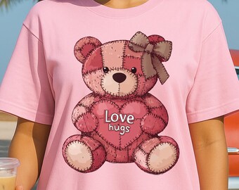Patchwork Valentine Teddy Bear PNG, Quilted Heart Bear with Hugs & Kisses, Cozy Stitched Love Bear Sublimation Design
