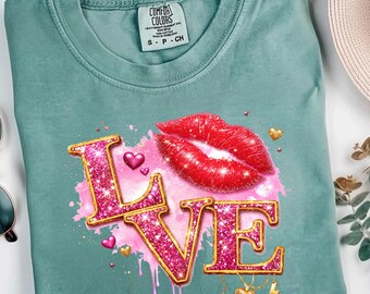 LOVE Lips Sublimation PNG, Glam Valentine Design, Pink Glitter Love Graphic, Leopard Kiss Lips PNG, Valentine’s Day T-Shirt Design