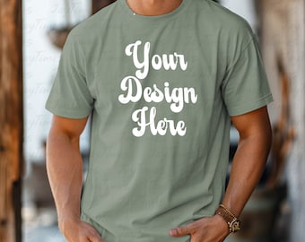 Bay Comfort Colors 1717-mockup, Bay Color-mockup heren, herenmodel C1717-mockup, esthetische mock-up voor heren T-shirt, Father Tee-mockup