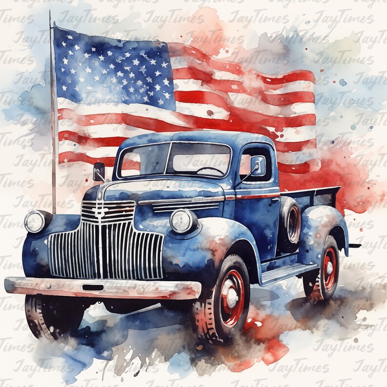 May include: A blue vintage pickup truck with a faded American flag in the background. The truck is painted in a watercolor style, giving it a rustic and nostalgic feel.