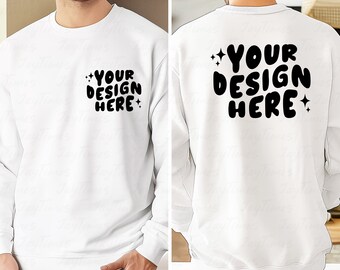 Man Sweatshirt Mockup, Gildan 18000 White Front and Back, Dual View White Sweatshirt Mockup, Comfort Fit, Front Back View Split Mocku-up