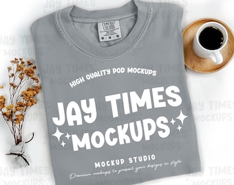 Comfort Colors Granite Grey Flatlay Mockup, C1717 flat lay folded Grey Mock, Short sleeve mock, Comfort Colors mockup, 1717 mock