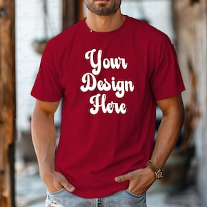 May include: A red t-shirt with the text "Your Design Here" in white.