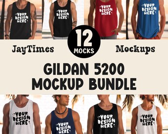 Gildan 5200 Tank Top Mockup Bundle, 5200 Tank Top Mock-up Bundle, Real Model Mock Bundle, Summer Beach Gildan Tank Top Mockups, Surfing Mock