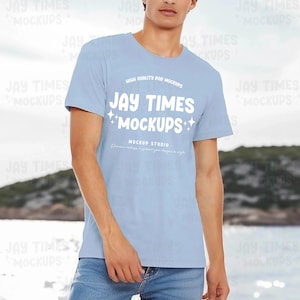 Bella Canvas Baby Blue Mockup Male Model Mock BC3001 Blue Aesthetic Mockup Man Model Bella Canvas Trendy Mock-up TShirt Male Mock
