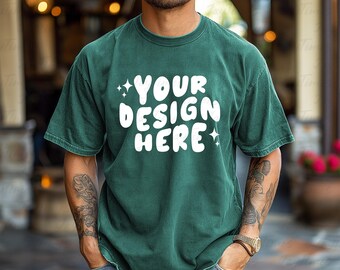 Comfort Colors 1717 Man Model Mockup Blue Sprice color Comfor colors 1717 T-shirt mockup, Aesthetic mock, Men Mockup, 1717 mockup file