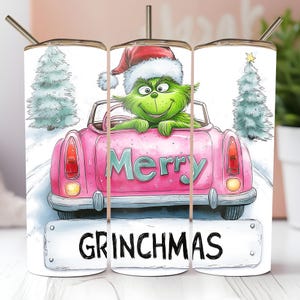 Merry Grinchams 20oz Skinny Tumbler Wrap Funny grinch Tumbler design download png, Grinch in a christmas car, Holiday grinchmas tumbler wrap