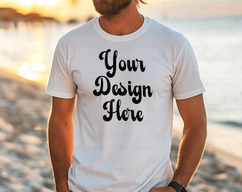 White Comfort Colors 1717 Beach Mockup, White Color mockup men, Man Model C1717 Mock, Aesthetic Mock for man T-shirt, Man Summer Mockup