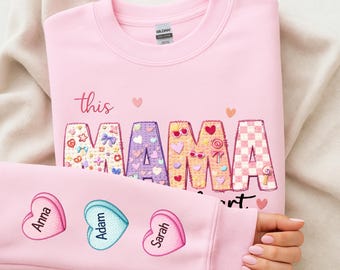 This Mama Loves Her Hearts On Her Sleeve Png, Valentine Yarn Heart Png, Custom Kids Name Png, Mama Valentine Png, Latch Hook png