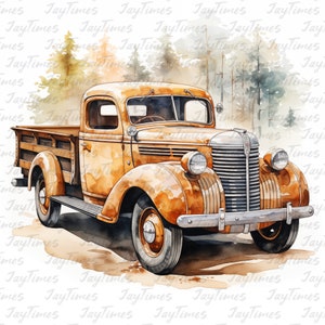 May include: A vintage, rusty orange pickup truck with a wooden bed, set against a watercolor background of trees. The truck has a chrome bumper and grill, and the headlights are visible.