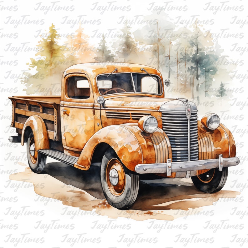 May include: A vintage, rusty orange pickup truck with a wooden bed, set against a watercolor background of trees. The truck has a chrome bumper and grill, and the headlights are visible.