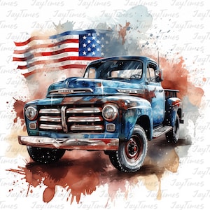 May include: A blue vintage pickup truck with rust and a faded American flag in the background. The truck has a chrome bumper and grill, and the flag is waving in the wind.