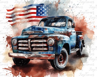 American Old Vintage Trucks Digital Downloads, Watercolor Trucks for 4th of July, Veterans day, Patriots Trucks, Truck Lovers Gift JPG