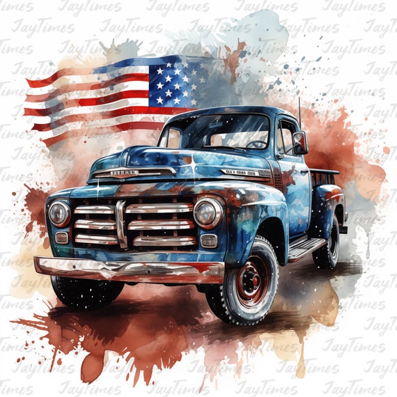 American Old Vintage Trucks Digital Downloads, Watercolor Trucks for 4th of July, Veterans day, Patriots Trucks, Truck Lovers Gift JPG