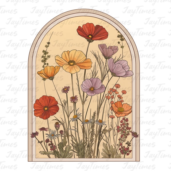 Watercolor floral PNG Sublimation Design, Wildflowers arched window simple line art pastel color boranical shirt sublimate download clipart