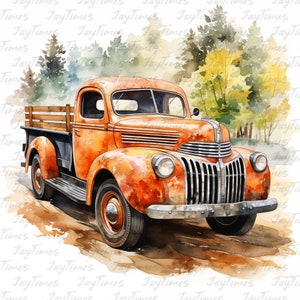 May include: A vintage orange pickup truck with a wooden bed, painted in a watercolor style. The truck is set against a background of trees with green and yellow leaves.