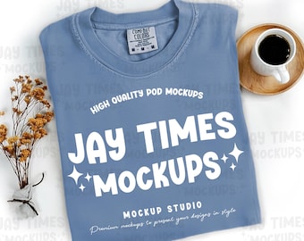 Comfort Colors Blue Jean Flatlay Mockup, C1717 flat lay folded T-shirt Mock, Short sleeve shirt mock, Comfort Colors mockup, 1717 mockup