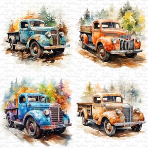 May include: Four vintage pickup trucks painted in a watercolor style. The trucks are blue, orange, light blue, and brown. The trucks are set against a white background with a watercolor forest scene behind them.