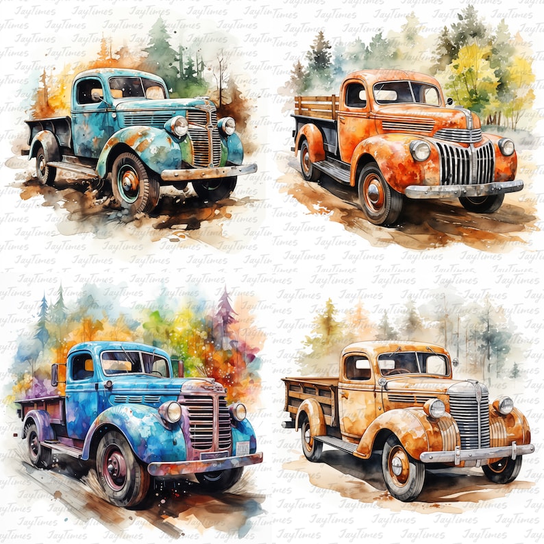 May include: Four vintage pickup trucks painted in a watercolor style. The trucks are blue, orange, light blue, and brown. The trucks are set against a white background with a watercolor forest scene behind them.