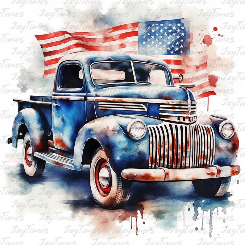 May include: A blue vintage pickup truck with rust and a faded American flag in the background. The truck is painted in a watercolor style.