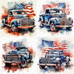 May include: Four watercolor illustrations of vintage blue pickup trucks with red, white, and blue American flags. The trucks are painted in a rustic style with splashes of color.