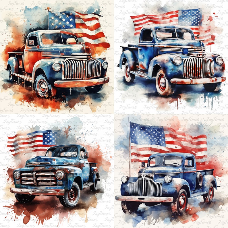 May include: Four watercolor illustrations of vintage blue pickup trucks with red, white, and blue American flags. The trucks are painted in a rustic style with splashes of color.