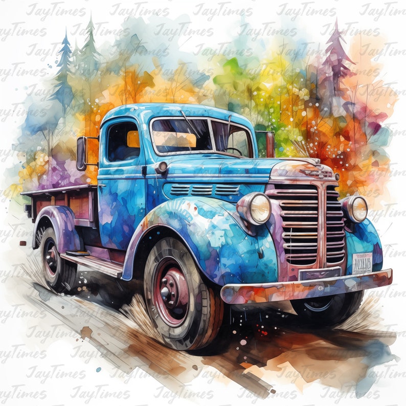 May include: A blue vintage pickup truck with a wooden bed, driving on a dirt road. The truck is painted in a watercolor style with splashes of color, and the background is a blurred watercolor of trees and foliage.