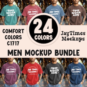 May include: A mockup bundle featuring various colored t-shirts with the text "YOUR DESIGN HERE" and "JAY TIMES MOCKUPS". The image includes the text "24 COLORS", "COMFORT COLORS C1717", and "MEN MOCKUP BUNDLE".