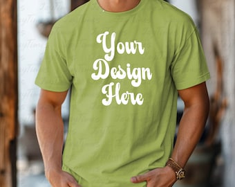 Kiwi Comfort Colors 1717 Mockup, Kiwi Color mockup men, Man Model C1717 Mock, Aesthetic Mock for man T-shirt, Father Tee Mockup
