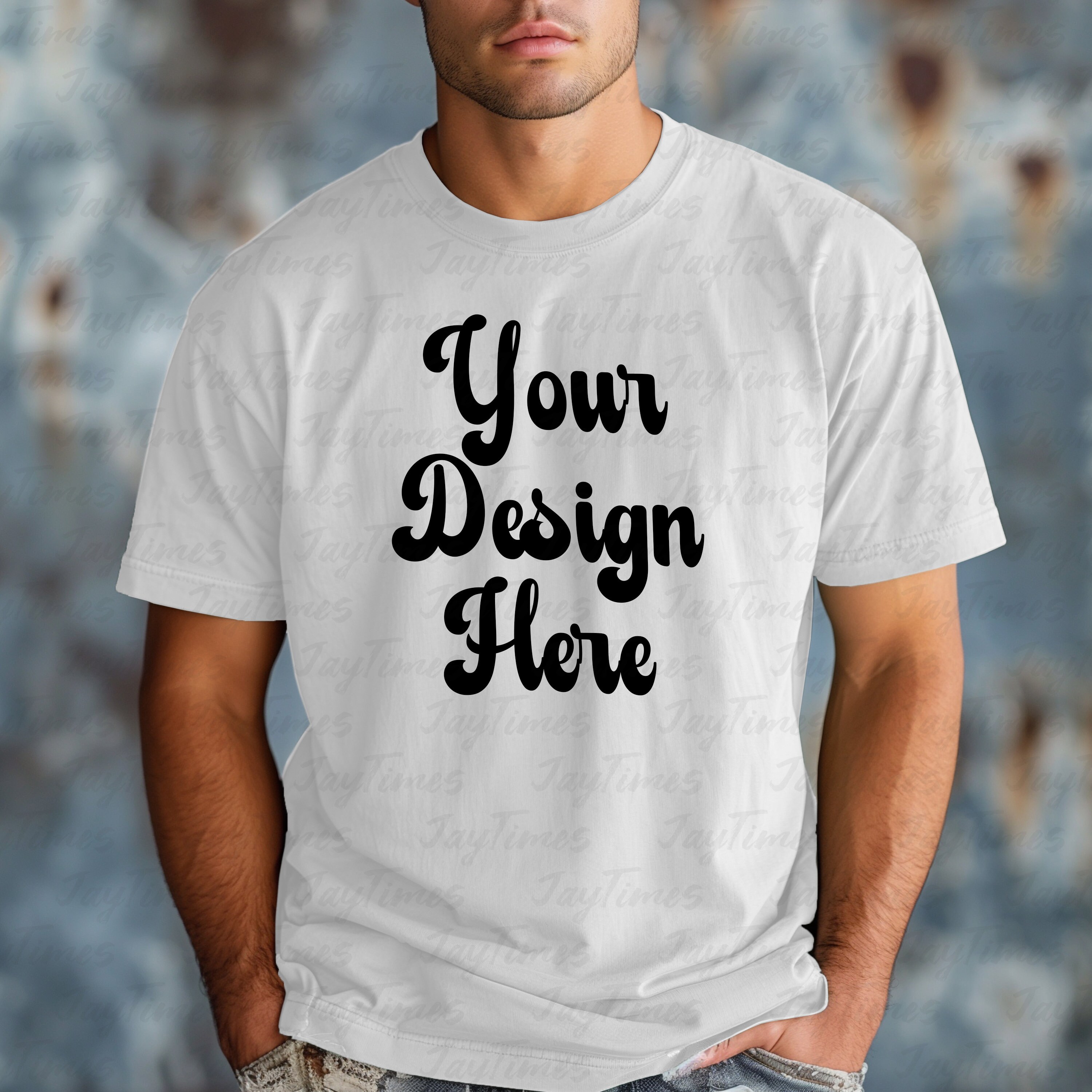 White Comfort Colors 1717 Mockup, White Color mockup men, Man Model C1717 Mock, Aesthetic Mock for man T-shirt, Father Tee Mockup