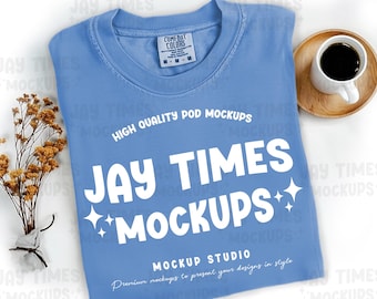 Comfort Colors Mystic Blue Mock-up, C1717 T-Shirt Mock, Flatlay Mockup, CC mockups aesthetic Mystic Blue Folded Shirt Mock, POD Shirt