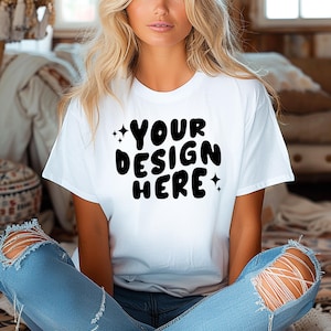 White Tshirt Mockup Gildan 5000 | G500 White T-shirt Mockup | Gildan Simple Tee | Minimal Neutral Boho Aesthetic Shirt Mock Female Model