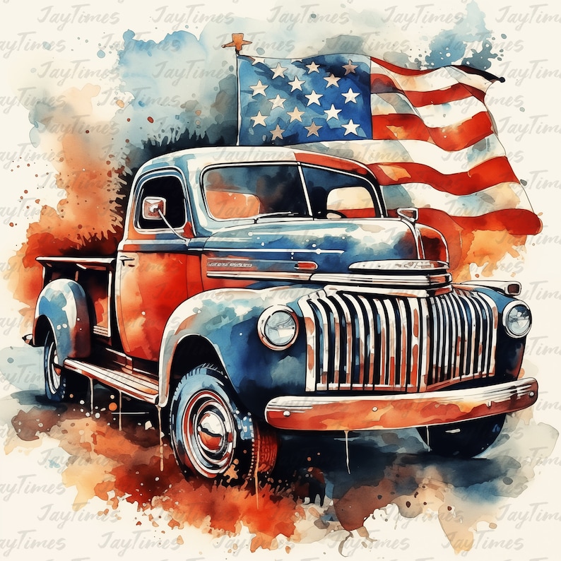 May include: A vintage blue pickup truck with a red bed, painted in a watercolor style. An American flag is waving in the background.
