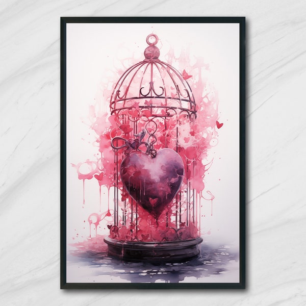 Heart stuck in a Cage Wall Art, White and Pink Wall art, Printable Digital Art, Printable Wall art, Ready to Print Art, Locked in Love Art